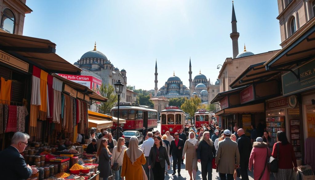 A scenic view of Istanbul showcasing vibrant street life as locals and tourists gather to explore traditional Turkish baths. In the foreground, a bustling market with colorful stalls filled with spices and textiles, adding warmth to the colors. The middle ground features a busy street with retro trams and aromatic cafes, where people are dressed in fashionable, modest attire, enjoying the atmosphere. The background boasts iconic Istanbul landmarks, such as the majestic Hagia Sophia and the stunning Blue Mosque, under a clear blue sky, with soft sunlight filtering through, creating a tranquil yet vibrant ambiance. The angle captures an inviting, dynamic essence, reflecting the joy of discovering massage and bath experiences in the heart of the city. A scenic view of Istanbul showcasing vibrant street life as locals and tourists gather to explore traditional Turkish baths. In the foreground, a bustling market with colorful stalls filled with spices and textiles, adding warmth to the colors. The middle ground features a busy street with retro trams and aromatic cafes, where people are dressed in fashionable, modest attire, enjoying the atmosphere. The background boasts iconic Istanbul landmarks, such as the majestic Hagia Sophia and the stunning Blue Mosque, under a clear blue sky, with soft sunlight filtering through, creating a tranquil yet vibrant ambiance. The angle captures an inviting, dynamic essence, reflecting the joy of discovering massage and bath experiences in the heart of the city.