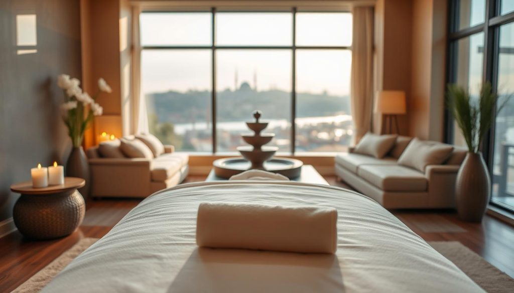 A serene Istanbul spa interior, showcasing a tranquil and inviting massage room. The foreground features a neatly arranged massage table adorned with soft linens and relaxing aromatherapy candles. In the middle ground, cozy seating with plush cushions and a calming water fountain create a stress-free environment. The background reveals large windows with a view of Istanbul's skyline, soft sunlight filtering in to enhance the warm atmosphere. The color palette includes soft neutrals and earth tones, conveying relaxation and comfort. The lighting is warm and gentle, enhancing the peaceful mood, while the lens captures a slightly blurred depth of field, emphasizing the foreground details. Overall, the image should evoke a sense of trust and reliability in the massage experience offered in Istanbul. A serene Istanbul spa interior, showcasing a tranquil and inviting massage room. The foreground features a neatly arranged massage table adorned with soft linens and relaxing aromatherapy candles. In the middle ground, cozy seating with plush cushions and a calming water fountain create a stress-free environment. The background reveals large windows with a view of Istanbul's skyline, soft sunlight filtering in to enhance the warm atmosphere. The color palette includes soft neutrals and earth tones, conveying relaxation and comfort. The lighting is warm and gentle, enhancing the peaceful mood, while the lens captures a slightly blurred depth of field, emphasizing the foreground details. Overall, the image should evoke a sense of trust and reliability in the massage experience offered in Istanbul.