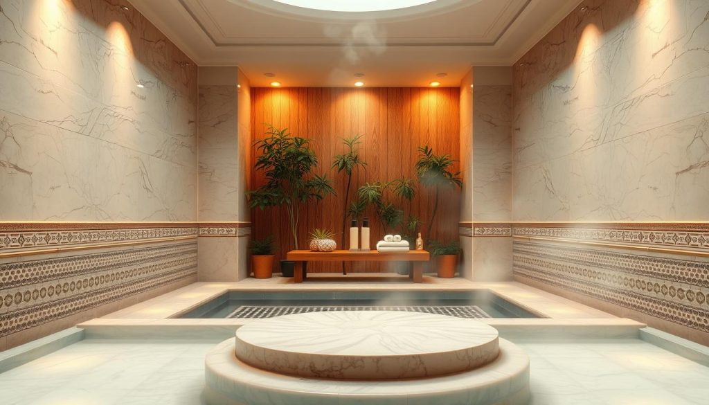 A serene Turkish bath interior, showcasing an elegant marble hamam with intricate tilework, steam rising gently from a heated stone platform in the foreground. Soft, diffused lighting creates a tranquil atmosphere, enhancing the warm tones of the marble. In the middle ground, beautifully arranged towels and aromatic oils sit on a wooden shelf, inviting relaxation. In the background, a lush indoor garden with greenery adds a calming touch. The composition emphasizes harmony and peace, capturing the essence of choosing the ideal massage experience. The scene is devoid of people, inviting the viewer to imagine themselves in this luxurious setting. Shot from a low angle to highlight the details of the architecture and evoke a sense of being enveloped in the soothing environment. A serene Turkish bath interior, showcasing an elegant marble hamam with intricate tilework, steam rising gently from a heated stone platform in the foreground. Soft, diffused lighting creates a tranquil atmosphere, enhancing the warm tones of the marble. In the middle ground, beautifully arranged towels and aromatic oils sit on a wooden shelf, inviting relaxation. In the background, a lush indoor garden with greenery adds a calming touch. The composition emphasizes harmony and peace, capturing the essence of choosing the ideal massage experience. The scene is devoid of people, inviting the viewer to imagine themselves in this luxurious setting. Shot from a low angle to highlight the details of the architecture and evoke a sense of being enveloped in the soothing environment.
