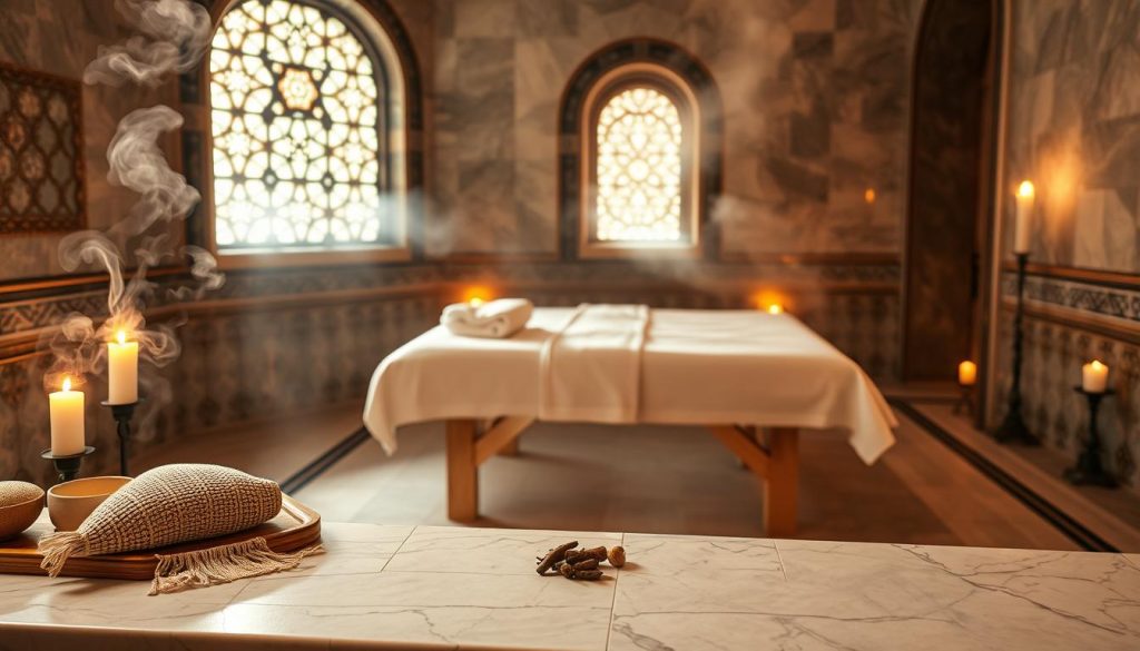 A serene Turkish bath scene showcasing traditional treatments, featuring an elegant marble interior with intricate tile designs, steam rising gently in the air. In the foreground, a woven kese mitt rests on a wooden shelf beside natural olive oil soap and aromatic herbal ingredients. In the middle, a large, plush marble massage table, adorned with soft towels, awaits a foam massage treatment. Candles flicker on either side, casting a warm, inviting glow. In the background, ornate mosaic windows filter soft light, enhancing the tranquil atmosphere. The mood is peaceful and rejuvenating, evoking a sense of relaxation and wellness, perfect for an immersive spa experience. A serene Turkish bath scene showcasing traditional treatments, featuring an elegant marble interior with intricate tile designs, steam rising gently in the air. In the foreground, a woven kese mitt rests on a wooden shelf beside natural olive oil soap and aromatic herbal ingredients. In the middle, a large, plush marble massage table, adorned with soft towels, awaits a foam massage treatment. Candles flicker on either side, casting a warm, inviting glow. In the background, ornate mosaic windows filter soft light, enhancing the tranquil atmosphere. The mood is peaceful and rejuvenating, evoking a sense of relaxation and wellness, perfect for an immersive spa experience.