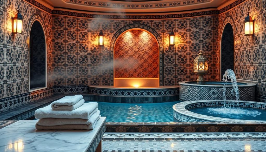 A serene Turkish bath setting, showcasing a beautifully tiled interior adorned with intricate mosaics and soft lighting. The foreground features a beautifully patterned marble bench with plush towels stacked neatly, emphasizing a sense of luxury and relaxation. In the middle, a traditional steam room gleams with steam rising gently, creating a tranquil atmosphere, while ornate lanterns cast warm, inviting shadows. The background reveals a mosaic-tiled fountain, softly flowing water, to enhance the calming ambiance of the space. The scene is bathed in soft, diffused light, reminiscent of early morning, evoking a peaceful and rejuvenating mood, ideal for preparing for a refreshing Turkish bath experience. A serene Turkish bath setting, showcasing a beautifully tiled interior adorned with intricate mosaics and soft lighting. The foreground features a beautifully patterned marble bench with plush towels stacked neatly, emphasizing a sense of luxury and relaxation. In the middle, a traditional steam room gleams with steam rising gently, creating a tranquil atmosphere, while ornate lanterns cast warm, inviting shadows. The background reveals a mosaic-tiled fountain, softly flowing water, to enhance the calming ambiance of the space. The scene is bathed in soft, diffused light, reminiscent of early morning, evoking a peaceful and rejuvenating mood, ideal for preparing for a refreshing Turkish bath experience.