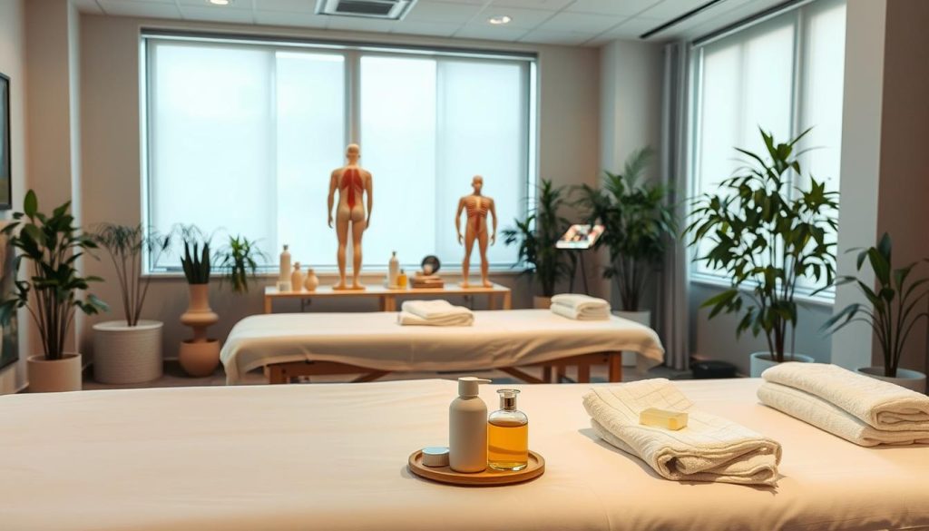 A serene and focused atmosphere in a well-lit massage therapy classroom. In the foreground, a neatly arranged massage table with soft linens, oils, and towels, emphasizing the tools of the trade. In the middle, training props such as anatomical models and demonstration equipment are strategically positioned, illustrating the practical aspects of massage techniques. The background features a large window with soft, natural light streaming in, illuminating the room's calming decor, including plants and soothing colors like light blue and pale green. The overall mood is one of professionalism and tranquility, reflecting an environment dedicated to learning and hands-on training for aspiring massage therapists.
