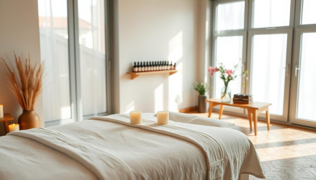 A serene and inviting massage therapy studio in Bakırköy, with soothing colors and natural elements. In the foreground, a beautifully arranged massage table with soft white linens and aromatic candles gently flickering. In the middle ground, a selection of essential oils displayed on a wooden shelf beside fresh flowers in a vase, creating a calm ambiance. The background showcases the studio's large windows allowing soft, natural light to flood the room, casting gentle shadows on the wooden floor. The overall mood is tranquil and relaxing, perfect for unwinding and focusing on wellness. The image captures the essence of seeking professional massage therapy services in a peaceful urban setting.