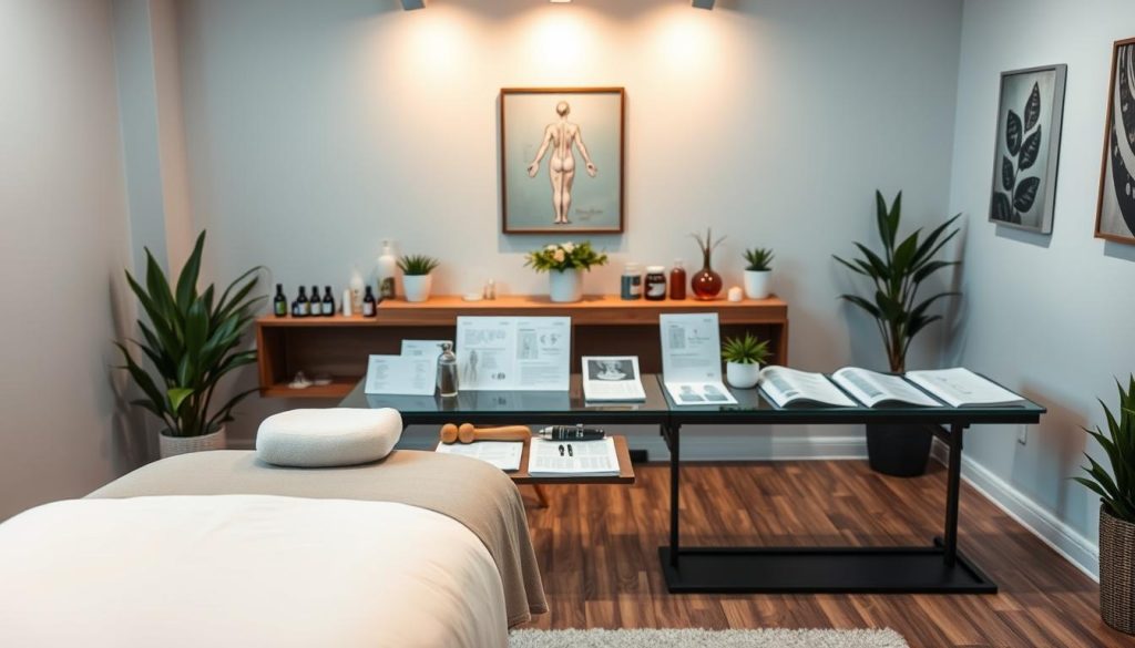A serene and inviting massage therapy training room, featuring a beautifully arranged setup focused on the benefits of comprehensive training. In the foreground, a wooden massage table is nicely draped with clean white linens, flanked by an array of essential oils and massage tools on a polished wooden shelf. In the middle ground, there are well-organized training materials—manuals, diagrams, and charts showcasing anatomy and techniques—laid out on a modern table. The background features soft, ambient lighting casting a warm glow, enhancing the tranquil atmosphere, with plants and calming artwork adorning the walls. The overall mood is one of professionalism and peace, emphasizing the enriching experience of massage therapy education. No human subjects present, ensuring a focus on the environment and equipment.