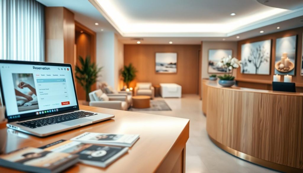 A serene and inviting spa reception area, showcasing an elegant reservation desk made of warm, natural wood. The foreground features a neatly arranged area with brochures and a laptop displaying an online booking interface, emphasizing ease of use. In the middle ground, soft, ambient lighting casts a calming glow over plush seating and decorative plants, creating a relaxing atmosphere. The background reveals a tranquil spa room with soothing colors, aromatic candles, and peaceful artwork depicting nature, suggesting a stress-free experience. The overall mood is peaceful and welcoming, highlighting the effortless reservation process for spa services. The composition is shot from a slight angle to capture depth, with focus on the reservation desk and the inviting atmosphere of the spa. A serene and inviting spa reception area, showcasing an elegant reservation desk made of warm, natural wood. The foreground features a neatly arranged area with brochures and a laptop displaying an online booking interface, emphasizing ease of use. In the middle ground, soft, ambient lighting casts a calming glow over plush seating and decorative plants, creating a relaxing atmosphere. The background reveals a tranquil spa room with soothing colors, aromatic candles, and peaceful artwork depicting nature, suggesting a stress-free experience. The overall mood is peaceful and welcoming, highlighting the effortless reservation process for spa services. The composition is shot from a slight angle to capture depth, with focus on the reservation desk and the inviting atmosphere of the spa.