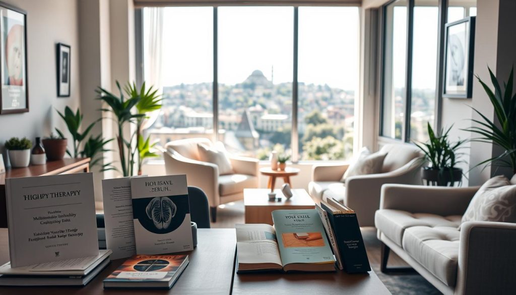 A serene and inviting therapy office in Istanbul, showcasing a well-organized and cozy environment. In the foreground, a stylish desk is adorned with multilingual therapy books and brochures in various languages, including English, Turkish, and Arabic, suggesting the availability of diverse therapists. In the middle, a comfortable seating area with plush chairs and a calming color palette, featuring soft pillows and subtle decorative elements that evoke tranquility. The background presents a large window with natural light pouring in, highlighting a view of Istanbul's iconic skyline, including historic buildings and lush greenery, creating a peaceful atmosphere. The overall mood is welcoming and professional, emphasizing inclusivity and cultural diversity in therapeutic services. Natural light is soft and warm, enhancing the inviting feel of the space.