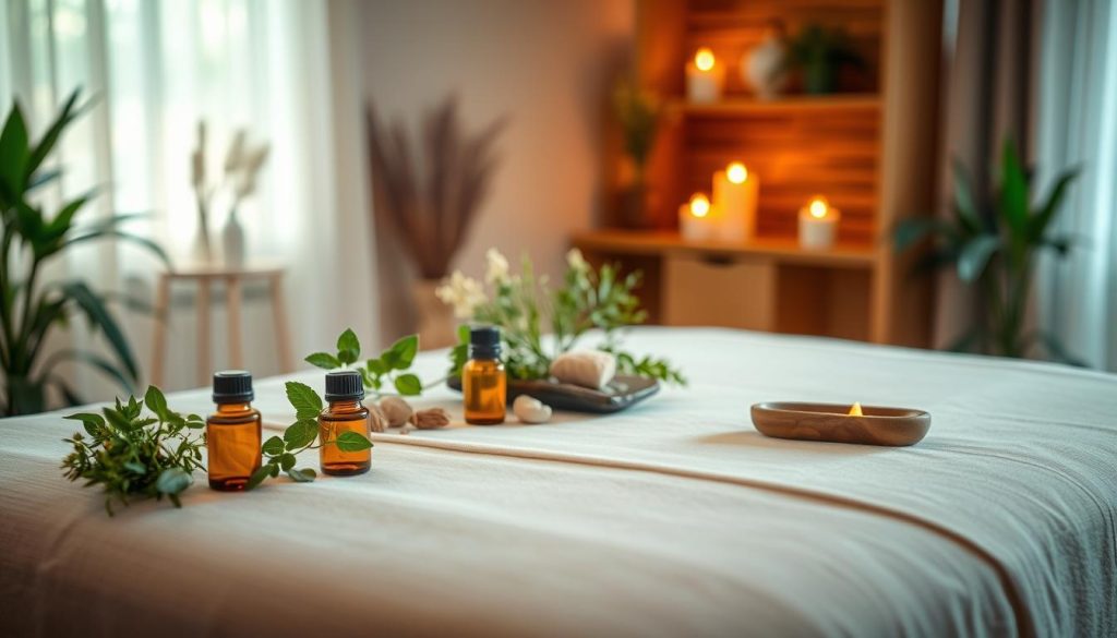 A serene and tranquil massage therapy environment showcasing the myth of toxin release during massage. In the foreground, a therapy table with soft, clean linens and essential oil bottles, evoking a soothing atmosphere. In the middle ground, a variety of natural herbs and plants, symbolizing detoxification processes, arranged artistically around the table. In the background, calming imagery of a softly illuminated room with gentle, warm lighting and soothing colors, like pastels and earthy tones. A hint of aromatic candles flickering in the ambient light to create a peaceful mood. The composition should be close-up, with a soft focus that emphasizes tranquility and relaxation, capturing the essence of holistic wellness without the presence of any people or text. A serene and tranquil massage therapy environment showcasing the myth of toxin release during massage. In the foreground, a therapy table with soft, clean linens and essential oil bottles, evoking a soothing atmosphere. In the middle ground, a variety of natural herbs and plants, symbolizing detoxification processes, arranged artistically around the table. In the background, calming imagery of a softly illuminated room with gentle, warm lighting and soothing colors, like pastels and earthy tones. A hint of aromatic candles flickering in the ambient light to create a peaceful mood. The composition should be close-up, with a soft focus that emphasizes tranquility and relaxation, capturing the essence of holistic wellness without the presence of any people or text.
