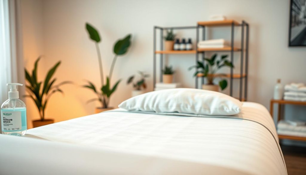 A serene at-home massage environment, focusing on essential safety measures and hygiene protocols. In the foreground, a neatly organized massage table draped with clean linens and supportive pillows. To the side, hand sanitizer and disinfectant wipes are visible, emphasizing cleanliness. In the middle ground, a softly lit room featuring a calming color palette, with potted plants enhancing the atmosphere. The background includes a shelf with neatly stored massage oils and towels, all appearing well-organized. The scene is illuminated by gentle, warm lighting that casts soft shadows, creating a tranquil mood. The angle captures the essence of safety and professionalism, conveying peace and relaxation without featuring any human subjects. A serene at-home massage environment, focusing on essential safety measures and hygiene protocols. In the foreground, a neatly organized massage table draped with clean linens and supportive pillows. To the side, hand sanitizer and disinfectant wipes are visible, emphasizing cleanliness. In the middle ground, a softly lit room featuring a calming color palette, with potted plants enhancing the atmosphere. The background includes a shelf with neatly stored massage oils and towels, all appearing well-organized. The scene is illuminated by gentle, warm lighting that casts soft shadows, creating a tranquil mood. The angle captures the essence of safety and professionalism, conveying peace and relaxation without featuring any human subjects.