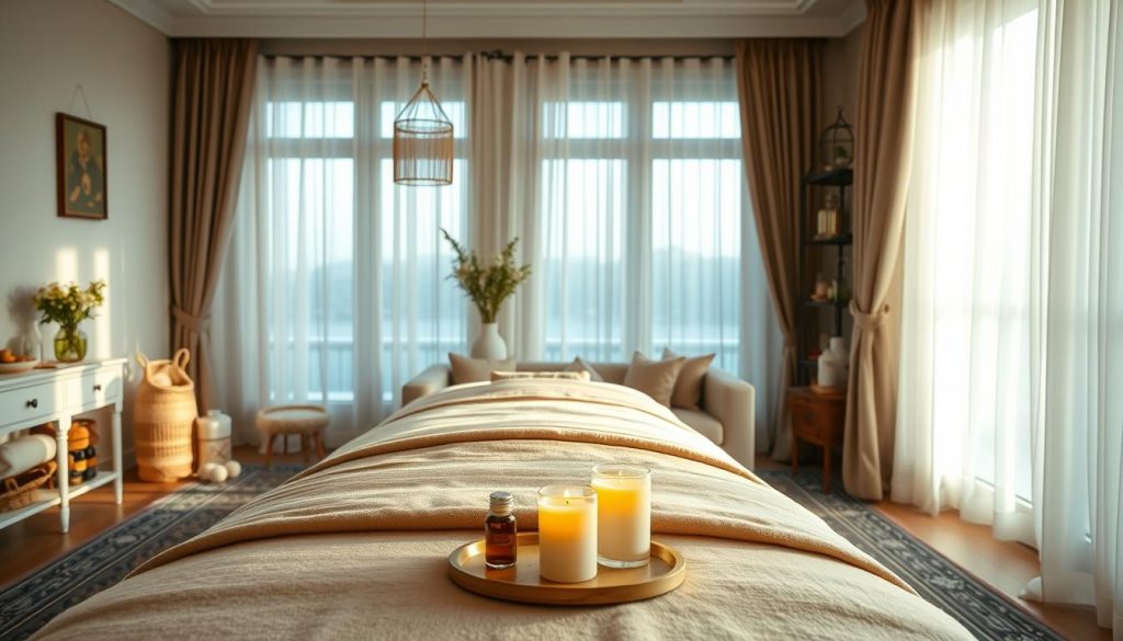 A serene at-home massage experience set in a cozy, well-lit Istanbul apartment. In the foreground, a plush massage table is adorned with soft, elegant linens. A soothing array of aromatherapy oils and candles creates a calming atmosphere, while a delicate vase of fresh flowers adds a touch of color. In the middle ground, a serene, minimalist decor reflects traditional Turkish elements, like a patterned rug and wooden accents. The background features large windows draped with sheer curtains, allowing soft, natural light to filter in, enhancing the tranquil ambiance. The scene conveys a sense of relaxation and comfort, inviting viewers to envision the peaceful benefits of an at-home massage service. A serene at-home massage experience set in a cozy, well-lit Istanbul apartment. In the foreground, a plush massage table is adorned with soft, elegant linens. A soothing array of aromatherapy oils and candles creates a calming atmosphere, while a delicate vase of fresh flowers adds a touch of color. In the middle ground, a serene, minimalist decor reflects traditional Turkish elements, like a patterned rug and wooden accents. The background features large windows draped with sheer curtains, allowing soft, natural light to filter in, enhancing the tranquil ambiance. The scene conveys a sense of relaxation and comfort, inviting viewers to envision the peaceful benefits of an at-home massage service.