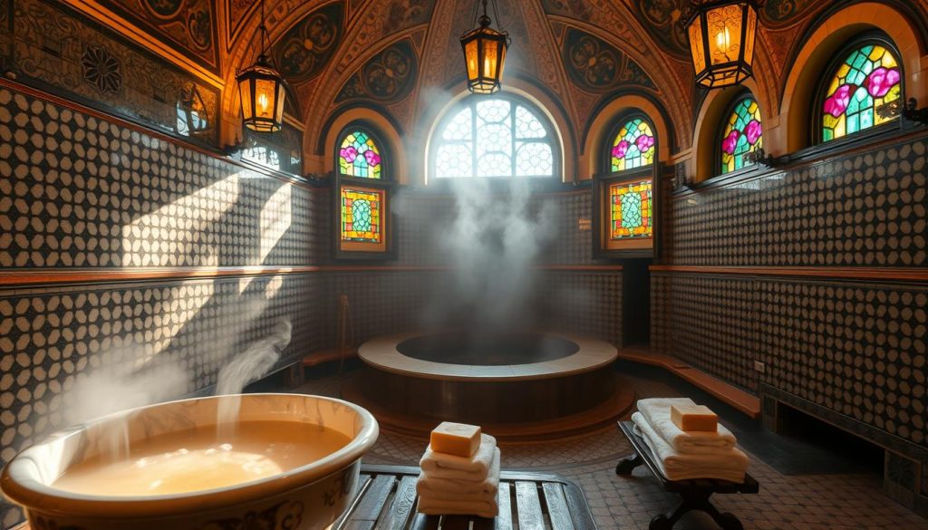 A serene hammam experience in Istanbul, featuring a beautifully tiled interior with intricate geometric patterns and rich hues. In the foreground, an ornately crafted marble basin filled with warm water gently reflects ambient lighting. Lush towels and traditional soap bars are arranged neatly on a wooden bench. In the middle, a large, circular steam room emits soft mist, creating a tranquil atmosphere, with soft, diffused light filtering through stained glass windows casting colorful shadows. The background showcases elegantly arching domes and vintage lanterns hanging from the ceiling, enhancing the warm, inviting ambiance. Overall, the scene embodies relaxation and luxury, inviting viewers to immerse themselves in the traditional hammam culture. A serene hammam experience in Istanbul, featuring a beautifully tiled interior with intricate geometric patterns and rich hues. In the foreground, an ornately crafted marble basin filled with warm water gently reflects ambient lighting. Lush towels and traditional soap bars are arranged neatly on a wooden bench. In the middle, a large, circular steam room emits soft mist, creating a tranquil atmosphere, with soft, diffused light filtering through stained glass windows casting colorful shadows. The background showcases elegantly arching domes and vintage lanterns hanging from the ceiling, enhancing the warm, inviting ambiance. Overall, the scene embodies relaxation and luxury, inviting viewers to immerse themselves in the traditional hammam culture.