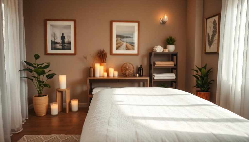 A serene massage therapy room featuring a comfortable massage table covered with clean, soft linens in the foreground. In the middle ground, a well-organized space includes soothing elements like essential oil diffusers, candles flickering softly, and fresh plants for a calming effect. The walls are painted in muted tones, adorned with peaceful artwork that enhances the tranquil atmosphere. Natural light filters softly through sheer drapes, creating a warm and inviting glow. The background includes a small shelf stocked with massage oils and towels, emphasizing the professional ambiance. The overall mood is peaceful and relaxing, perfect for a therapeutic experience, without any human figures present or distracting elements.