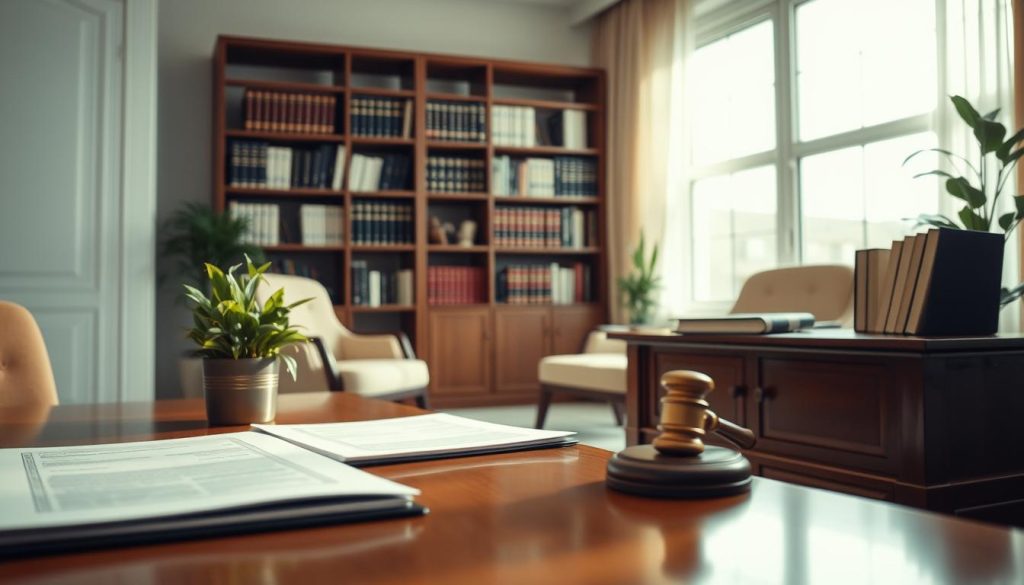 A serene office space representing the legal requirements for therapists in Turkey. In the foreground, an elegant desk with neatly arranged legal documents and a decorative plant. The middle ground features a well-organized bookshelf filled with legal texts and professional therapy books, emphasizing the importance of knowledge in the field. In the background, a large window allows soft, natural light to flood the room, creating a calm and inviting atmosphere. The overall mood is professional and knowledgeable, highlighting the seriousness of legal standards. The image should be well-composed, capturing a sense of order and professionalism, with a warm color palette that suggests a supportive environment conducive to therapy.
