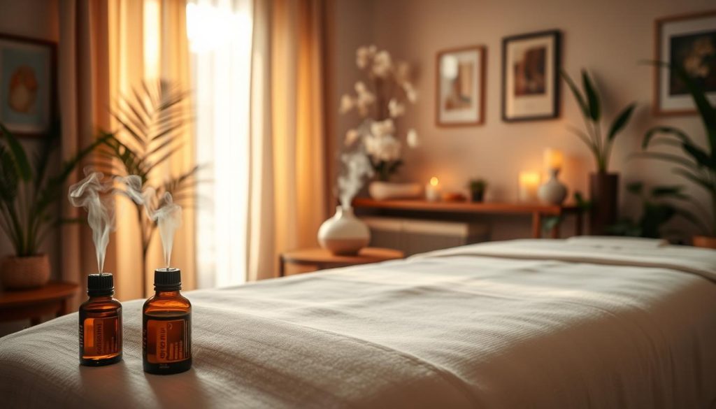 A serene post-massage environment, showcasing a cozy massage room with a comfortable massage table adorned with soft, clean sheets. In the foreground, a pair of essential oil bottles and a calming diffuser emit gentle wisps of aromatic vapor. In the middle, a warm, inviting light filters through partially drawn curtains, casting soft shadows that enhance the tranquility of the space. The background features calming decor, like soothing wall art and indoor plants, promoting relaxation. The atmosphere conveys peacefulness and rejuvenation, with a color palette of soft pastels and natural tones, creating a warm, inviting mood. The focus is on common physical reactions post-massage, represented through subtle visual cues such as a faint shimmer of relaxation in the air and the overall serene ambiance. A serene post-massage environment, showcasing a cozy massage room with a comfortable massage table adorned with soft, clean sheets. In the foreground, a pair of essential oil bottles and a calming diffuser emit gentle wisps of aromatic vapor. In the middle, a warm, inviting light filters through partially drawn curtains, casting soft shadows that enhance the tranquility of the space. The background features calming decor, like soothing wall art and indoor plants, promoting relaxation. The atmosphere conveys peacefulness and rejuvenation, with a color palette of soft pastels and natural tones, creating a warm, inviting mood. The focus is on common physical reactions post-massage, represented through subtle visual cues such as a faint shimmer of relaxation in the air and the overall serene ambiance.