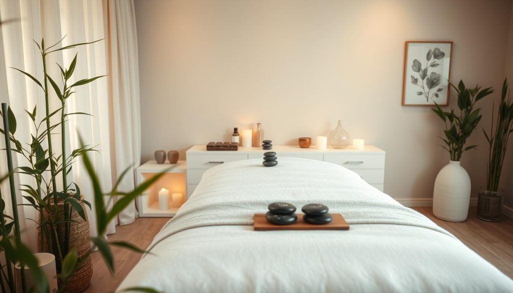A tranquil massage therapy room in Kadıköy, featuring a soothing ambiance with soft, natural lighting filtering through sheer curtains. The foreground includes a neatly arranged massage table draped in light, calming linens, with bamboo plants and scented candles strategically placed nearby for a serene atmosphere. In the middle, a well-organized array of massage oils and tools reflects a professional setting, alongside soothing stones and essential oil diffusers emitting a gentle vapor. The background reveals soft, muted colors on the walls, decorated with minimalist artwork that enhances the relaxation theme. The overall mood is peaceful and inviting, capturing the essence of therapeutic massages in a culturally rich environment. A tranquil massage therapy room in Kadıköy, featuring a soothing ambiance with soft, natural lighting filtering through sheer curtains. The foreground includes a neatly arranged massage table draped in light, calming linens, with bamboo plants and scented candles strategically placed nearby for a serene atmosphere. In the middle, a well-organized array of massage oils and tools reflects a professional setting, alongside soothing stones and essential oil diffusers emitting a gentle vapor. The background reveals soft, muted colors on the walls, decorated with minimalist artwork that enhances the relaxation theme. The overall mood is peaceful and inviting, capturing the essence of therapeutic massages in a culturally rich environment.