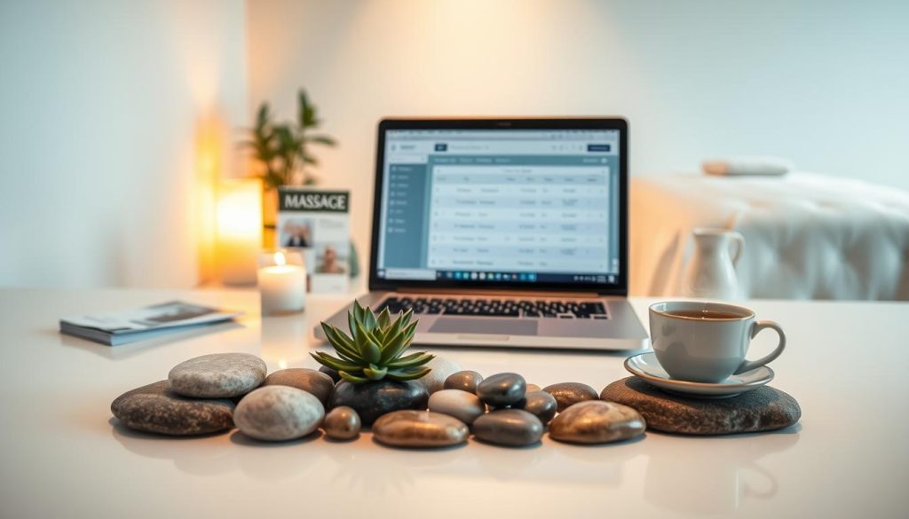 An aesthetically pleasing, serene workspace for booking massage appointments, featuring a minimalist desk with a laptop open to a scheduling interface, surrounded by soft, warm lighting. In the foreground, a beautifully arranged zen garden with smooth pebbles and a small succulent plant reflects tranquility. The middle layer includes calming elements such as massage brochures, a scented candle, and a steaming cup of herbal tea, creating an inviting atmosphere. In the background, a massage table draped in plush linens sits under gentle lighting, enhancing the peaceful vibe. The overall mood is one of relaxation and professionalism, with soft shadows and a focus on calming colors like soft greens and warm browns, conveying a sense of ease and comfort. An aesthetically pleasing, serene workspace for booking massage appointments, featuring a minimalist desk with a laptop open to a scheduling interface, surrounded by soft, warm lighting. In the foreground, a beautifully arranged zen garden with smooth pebbles and a small succulent plant reflects tranquility. The middle layer includes calming elements such as massage brochures, a scented candle, and a steaming cup of herbal tea, creating an inviting atmosphere. In the background, a massage table draped in plush linens sits under gentle lighting, enhancing the peaceful vibe. The overall mood is one of relaxation and professionalism, with soft shadows and a focus on calming colors like soft greens and warm browns, conveying a sense of ease and comfort.