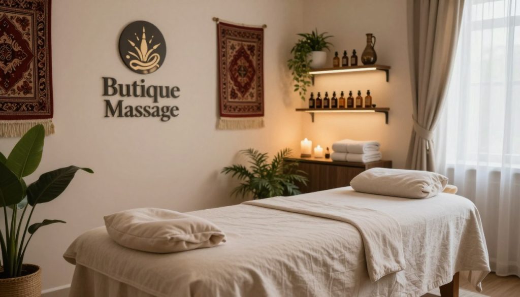 A cozy and affordable massage treatment room in Istanbul, designed for a relaxing experience. In the foreground, a comfortable massage table draped in soft, neutral linens, adorned with soothing cushions. The middle ground features calming, natural decor with potted plants and Turkish textiles adding warmth. Soft, ambient lighting bathes the room in a serene glow, creating a tranquil atmosphere. In the background, shelves display neatly arranged massage oils and towels, emphasizing professionalism. Large, soft curtains filter natural light, highlighting the inviting space. The overall mood is peaceful and welcoming, ideal for a therapeutic session. Include the brand name "Butique Massage" subtly integrated into the room’s decor, such as on a stylish wall plaque.
