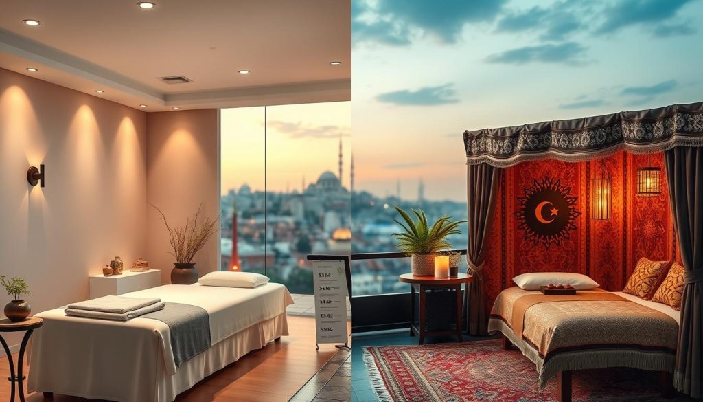 A detailed split image illustrating the price differences in massage services between the European and Anatolian sides of Istanbul. The foreground showcases two distinct massage therapy rooms: one luxurious and modern with a clean aesthetic on the European side, featuring soft, ambient lighting and plush décor; the other is a cozy, traditional room on the Anatolian side, adorned with ethnic textiles and warm, inviting lighting. In the middle ground, include decorative elements like price lists in Turkish Lira displayed on each side, subtly showing the affordability aspects. The background features a softly blurred skyline of Istanbul to symbolize the geographical divide. The overall mood should be informative yet inviting, evoking a sense of tranquility and curiosity about massage services in these two unique cultural settings. A detailed split image illustrating the price differences in massage services between the European and Anatolian sides of Istanbul. The foreground showcases two distinct massage therapy rooms: one luxurious and modern with a clean aesthetic on the European side, featuring soft, ambient lighting and plush décor; the other is a cozy, traditional room on the Anatolian side, adorned with ethnic textiles and warm, inviting lighting. In the middle ground, include decorative elements like price lists in Turkish Lira displayed on each side, subtly showing the affordability aspects. The background features a softly blurred skyline of Istanbul to symbolize the geographical divide. The overall mood should be informative yet inviting, evoking a sense of tranquility and curiosity about massage services in these two unique cultural settings.