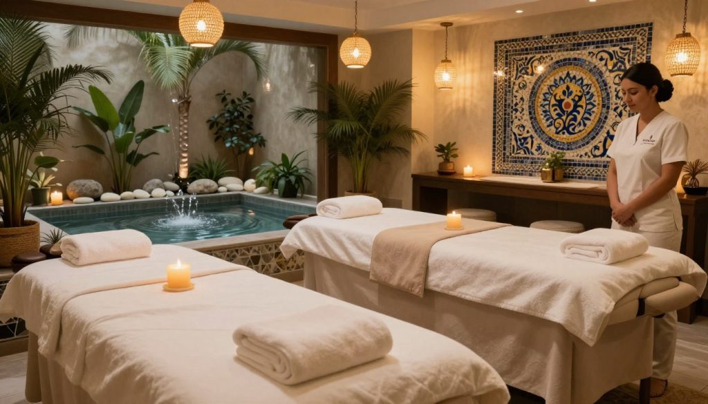 A luxurious five-star massage spa interior in Istanbul, showcasing a serene and elegant ambiance. In the foreground, a meticulously arranged treatment area with soft, plush massage tables, adorned with fluffy white towels and soothing aromatherapy candles. In the middle, a tranquil water feature creating gentle ripples, surrounded by lush greenery and decorative stones. The background reveals softly glowing pendant lights and beautifully designed mosaic tiles reflecting traditional Turkish artistry. The scene is bathed in warm, ambient lighting, evoking a calming and inviting atmosphere. Visible are professional staff members in modest, elegant attire, exuding a welcoming presence. Incorporate branding elements of "Butique Massage" subtly in decor without overwhelming the serene aesthetics.