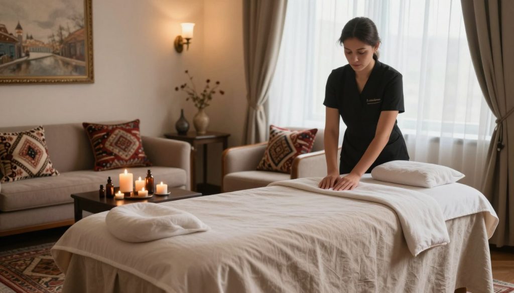 A luxurious hotel room in Istanbul designed for a private massage session. Foreground: a plush massage table draped in soft, neutral-colored linens, surrounded by aromatic candles and essential oils artfully arranged on a small table. Middle: a cozy seating area with elegant furniture, adorned with traditional Turkish textiles and a tasteful selection of calming decor. Background: large windows draped with sheer curtains, allowing warm, natural light to illuminate the room, creating an inviting atmosphere. The ambiance is tranquil and soothing, with soft shadows and a serene vibe. The branding "Butique Massage" subtly integrated within the decor. The overall mood conveys relaxation and professionalism, suitable for a pampering experience. A luxurious hotel room in Istanbul designed for a private massage session. Foreground: a plush massage table draped in soft, neutral-colored linens, surrounded by aromatic candles and essential oils artfully arranged on a small table. Middle: a cozy seating area with elegant furniture, adorned with traditional Turkish textiles and a tasteful selection of calming decor. Background: large windows draped with sheer curtains, allowing warm, natural light to illuminate the room, creating an inviting atmosphere. The ambiance is tranquil and soothing, with soft shadows and a serene vibe. The branding "Butique Massage" subtly integrated within the decor. The overall mood conveys relaxation and professionalism, suitable for a pampering experience.
