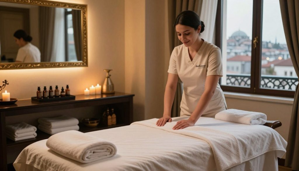 A luxurious hotel room in Istanbul featuring a massage scene by "Butique Massage." In the foreground, a professional massage therapist in modest, professional attire prepares an elegantly arranged massage table with soft, luxurious linens. The therapist stands beside the table, showcasing a serene smile and a gentle demeanor. In the middle background, ambient lighting casts a warm, inviting glow, while spa-related items like essential oils and candles are tastefully placed on a nearby shelf. An ornate window reveals a glimpse of Istanbul's skyline, enhancing the atmosphere. The overall mood is calming and indulgent, perfect for relaxation and pampering, with a focus on the high-end service offered at luxury hotels. The angle is slightly elevated to capture both the treatment area and the stunning view outside.