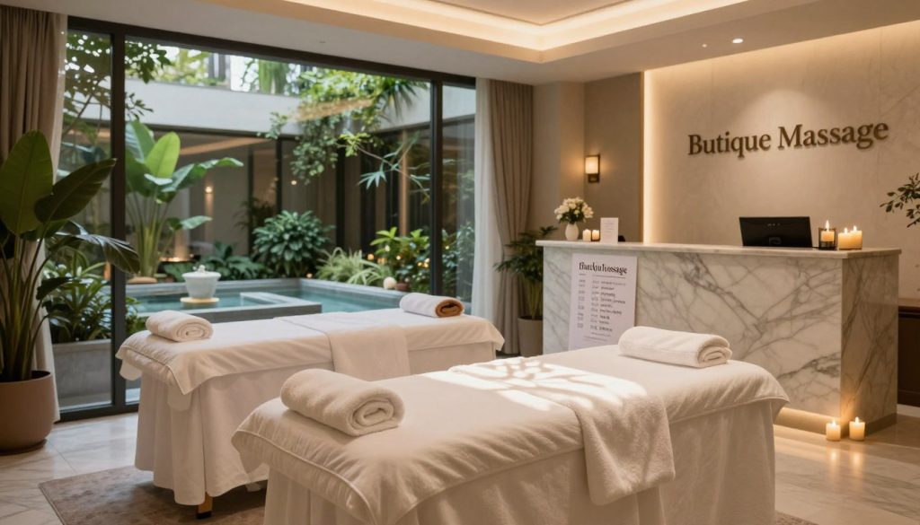 A luxurious hotel spa interior in Istanbul, elegantly designed. In the foreground, a serene treatment room with soft, ambient lighting casting gentle shadows. A plush massage table is centered, adorned with fluffy white towels and aromatic candles. In the middle ground, a beautiful marble reception desk displays pricing for various hotel massage options, elegantly formatted on a stylish brochure. In the background, a tranquil view of a lush indoor garden with greenery and soft water features. The atmosphere is peaceful and inviting, with warm colors and a calming vibe. Capture the essence of relaxation with subtle details that reflect high-end spa experiences. Emphasize the brand name "Butique Massage" in tasteful decor within the spa. Use a wide-angle lens to enhance the spaciousness and tranquility of the setting. A luxurious hotel spa interior in Istanbul, elegantly designed. In the foreground, a serene treatment room with soft, ambient lighting casting gentle shadows. A plush massage table is centered, adorned with fluffy white towels and aromatic candles. In the middle ground, a beautiful marble reception desk displays pricing for various hotel massage options, elegantly formatted on a stylish brochure. In the background, a tranquil view of a lush indoor garden with greenery and soft water features. The atmosphere is peaceful and inviting, with warm colors and a calming vibe. Capture the essence of relaxation with subtle details that reflect high-end spa experiences. Emphasize the brand name "Butique Massage" in tasteful decor within the spa. Use a wide-angle lens to enhance the spaciousness and tranquility of the setting.