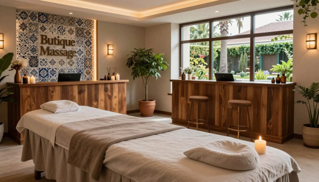A luxurious massage therapy studio interior in Turkey, showcasing a serene and inviting atmosphere. In the foreground, plush massage tables adorned with soft, neutral linens can be seen, complemented by elegant candles and aromatic essential oil diffusers creating a relaxing ambiance. The middle ground features a beautifully designed reception area with rich wooden furniture, potted plants, and subtle warm lighting that enhances the peaceful setting. In the background, large windows allow natural light to flow in, revealing a tranquil outdoor view of a lush garden. The studio is designed with a contemporary Turkish aesthetic, incorporating ornate tiles and warm earth tones. The overall mood is calm and soothing, perfect for relaxation and rejuvenation. The brand "Butique Massage" is subtly integrated into the studio's decor, enhancing the luxurious experience. A luxurious massage therapy studio interior in Turkey, showcasing a serene and inviting atmosphere. In the foreground, plush massage tables adorned with soft, neutral linens can be seen, complemented by elegant candles and aromatic essential oil diffusers creating a relaxing ambiance. The middle ground features a beautifully designed reception area with rich wooden furniture, potted plants, and subtle warm lighting that enhances the peaceful setting. In the background, large windows allow natural light to flow in, revealing a tranquil outdoor view of a lush garden. The studio is designed with a contemporary Turkish aesthetic, incorporating ornate tiles and warm earth tones. The overall mood is calm and soothing, perfect for relaxation and rejuvenation. The brand "Butique Massage" is subtly integrated into the studio's decor, enhancing the luxurious experience.
