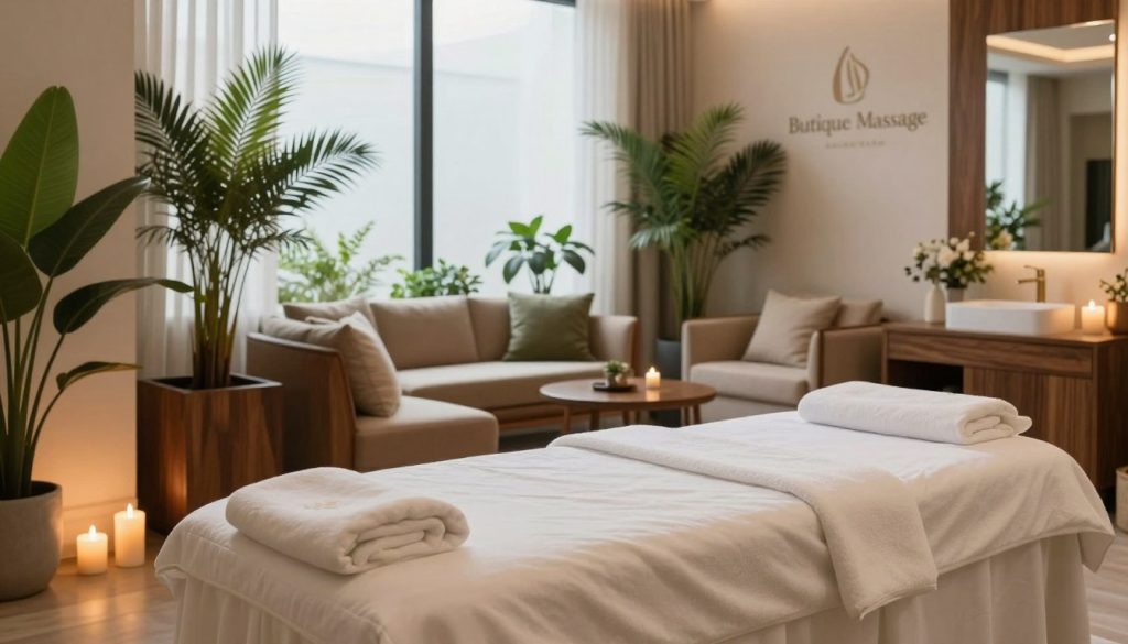 A luxurious wellness center interior in Istanbul, featuring elegant decor and plush furnishings. In the foreground, a serene massage room with a soft, inviting massage table topped with fluffy, white linens. To the left, soothing candles glow gently, casting a warm light across the room. The middle ground showcases a stylish waiting area with rich woods and plush seating, adorned with lush green plants for a calming effect. Through large, tall windows in the background, soft, diffused natural light filters in, enhancing the tranquil atmosphere. The color palette consists of soft neutral tones with pops of green. The overall mood is peaceful and sophisticated, ideal for relaxation. Include the brand name "Butique Massage" subtly in the design elements, ensuring it complements the luxurious vibe.
