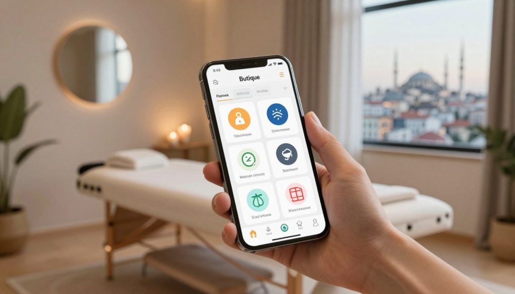 A modern and inviting mobile payment setup for massage services in Istanbul, featuring a sleek smartphone displaying various payment apps. The foreground includes a hand holding the phone, showcasing a user-friendly interface with recognizable logos of popular mobile payment platforms. In the middle ground, a stylish massage room is visible, featuring calming decor and soft lighting, with a massage table and aromatic candles. The background reveals a window with a view of Istanbul’s skyline, hinting at the city's vibrant atmosphere. The mood is relaxed and professional, emphasizing the convenience of digital payments in a contemporary wellness setting. Include the brand name "Butique Massage" subtly on the phone screen. The image should be well-lit to convey a sense of warmth and modernity. A modern and inviting mobile payment setup for massage services in Istanbul, featuring a sleek smartphone displaying various payment apps. The foreground includes a hand holding the phone, showcasing a user-friendly interface with recognizable logos of popular mobile payment platforms. In the middle ground, a stylish massage room is visible, featuring calming decor and soft lighting, with a massage table and aromatic candles. The background reveals a window with a view of Istanbul’s skyline, hinting at the city's vibrant atmosphere. The mood is relaxed and professional, emphasizing the convenience of digital payments in a contemporary wellness setting. Include the brand name "Butique Massage" subtly on the phone screen. The image should be well-lit to convey a sense of warmth and modernity.
