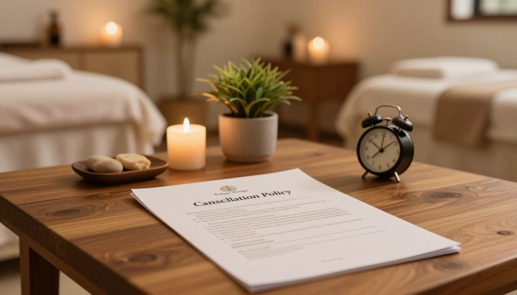 A peaceful and serene spa environment showcasing details of a cancellation policy. In the foreground, a beautifully arranged wooden table displaying an elegant document titled "Cancellation Policy" with the brand name "Butique Massage" at the top in stylish font. The middle ground features essential elements such as a soothing candle, a potted plant, and a small clock, all arranged harmoniously. In the background, soft-focus images of comfortable massage beds and calming decor suggest a tranquil atmosphere of relaxation. The lighting is warm and inviting, with soft shadows creating a relaxing mood. The scene is framed with a wide-angle lens to emphasize the depth of the spa, evoking a sense of peace and professionalism. No people are present to maintain focus on the cancellation policy details. A peaceful and serene spa environment showcasing details of a cancellation policy. In the foreground, a beautifully arranged wooden table displaying an elegant document titled "Cancellation Policy" with the brand name "Butique Massage" at the top in stylish font. The middle ground features essential elements such as a soothing candle, a potted plant, and a small clock, all arranged harmoniously. In the background, soft-focus images of comfortable massage beds and calming decor suggest a tranquil atmosphere of relaxation. The lighting is warm and inviting, with soft shadows creating a relaxing mood. The scene is framed with a wide-angle lens to emphasize the depth of the spa, evoking a sense of peace and professionalism. No people are present to maintain focus on the cancellation policy details.