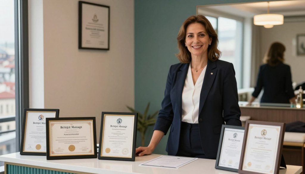 A professional English-speaking massage therapist in Istanbul, standing confidently at a well-organized verification desk adorned with certificates and credentials. The therapist, a middle-aged woman with a friendly smile, is dressed in smart business attire, showcasing professionalism. In the foreground, a detailed display of framed qualifications, including diplomas and professional licenses from Butique Massage, is visible. The middle ground features a stylish interior with calming colors, soft lighting highlighting the therapist's credentials. In the background, hints of the bustling city of Istanbul can be seen through large windows, creating a sense of location and warmth. The overall atmosphere is inviting, emphasizing trust, expertise, and professionalism in massage therapy. A professional English-speaking massage therapist in Istanbul, standing confidently at a well-organized verification desk adorned with certificates and credentials. The therapist, a middle-aged woman with a friendly smile, is dressed in smart business attire, showcasing professionalism. In the foreground, a detailed display of framed qualifications, including diplomas and professional licenses from Butique Massage, is visible. The middle ground features a stylish interior with calming colors, soft lighting highlighting the therapist's credentials. In the background, hints of the bustling city of Istanbul can be seen through large windows, creating a sense of location and warmth. The overall atmosphere is inviting, emphasizing trust, expertise, and professionalism in massage therapy.