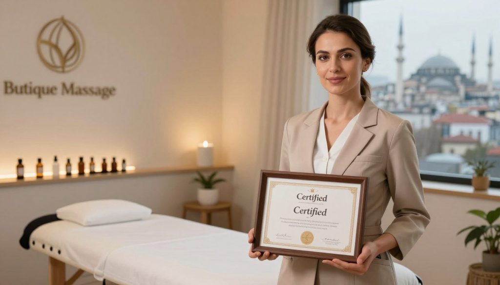 A professional female massage practitioner in Istanbul is depicted in the foreground, holding a framed certificate that reads "Certified" and showcasing her qualifications. She is dressed in a smart, modest business outfit, exuding confidence and expertise. In the middle ground, a serene massage therapy room is visible, featuring calming colors, soft lighting, and essential oils on a shelf, enhancing the tranquil atmosphere. The background shows a glimpse of Istanbul’s skyline through a window, symbolizing the location. The scene is well-lit, with warm, inviting tones that create a relaxing mood. The brand name "Butique Massage" is subtly incorporated into the room decor, reflecting professionalism and a welcoming vibe. The composition is shot with a soft-focus lens, emphasizing the warm ambience and the practitioner’s credentials. A professional female massage practitioner in Istanbul is depicted in the foreground, holding a framed certificate that reads "Certified" and showcasing her qualifications. She is dressed in a smart, modest business outfit, exuding confidence and expertise. In the middle ground, a serene massage therapy room is visible, featuring calming colors, soft lighting, and essential oils on a shelf, enhancing the tranquil atmosphere. The background shows a glimpse of Istanbul’s skyline through a window, symbolizing the location. The scene is well-lit, with warm, inviting tones that create a relaxing mood. The brand name "Butique Massage" is subtly incorporated into the room decor, reflecting professionalism and a welcoming vibe. The composition is shot with a soft-focus lens, emphasizing the warm ambience and the practitioner’s credentials.