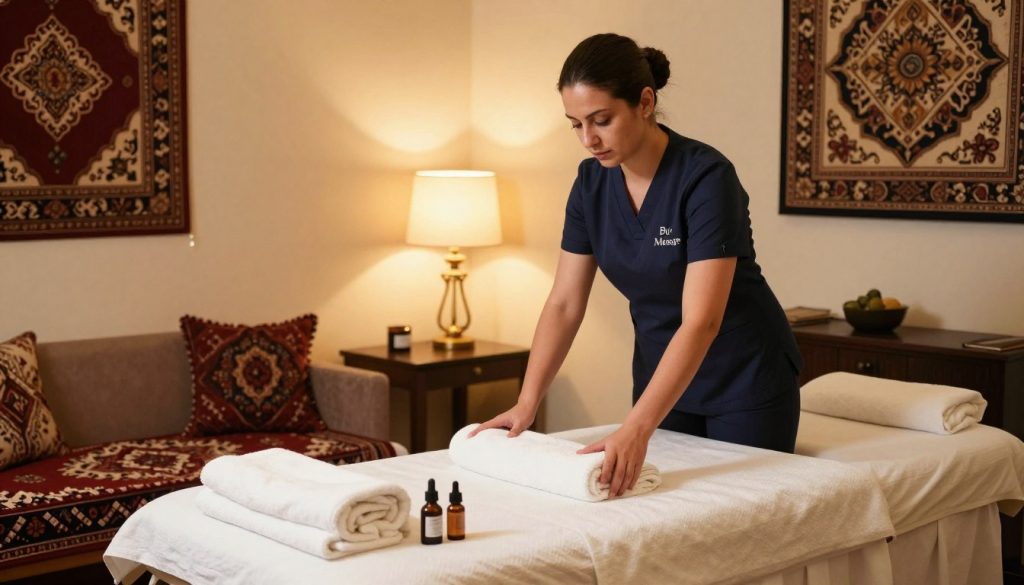 A professional massage therapist, dressed in smart casual attire, is setting up a serene treatment room within a luxury hotel suite in Istanbul. The foreground highlights the therapist arranging fresh towels and massage oils on a beautifully draped massage table, emphasizing attention to detail. In the middle ground, soft ambient lighting from stylish lamps creates a warm, inviting atmosphere, complemented by plush textiles and elegant decor typical of Istanbul's rich culture. In the background, decorative elements such as traditional Turkish rugs and ornate wall art can be seen, hinting at the hotel's opulence. The overall mood is peaceful and relaxing, ideal for a calming in-hotel massage experience by "Butique Massage." The image captures a moment of preparation, showcasing a blend of professionalism and tranquility.
