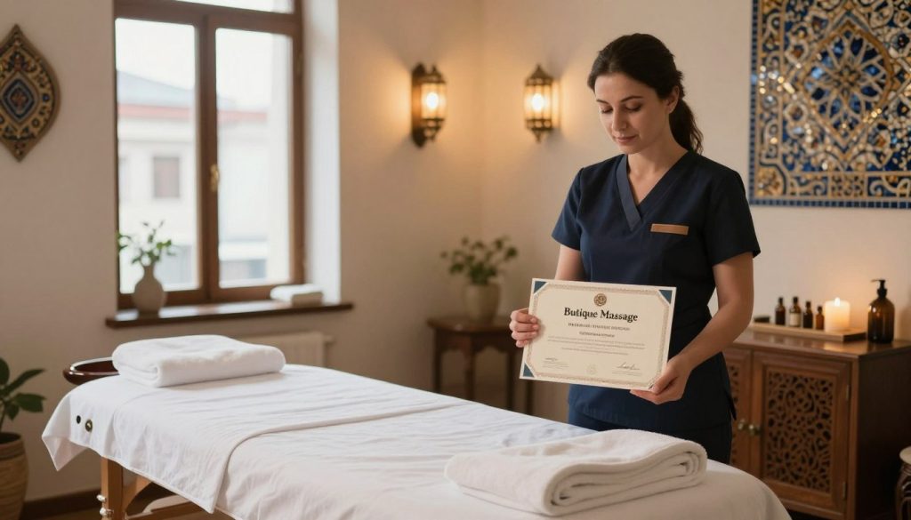 A professional massage therapy setting in Istanbul. In the foreground, a certified massage practitioner is holding a certificate displaying the "Butique Massage" brand, dressed in neat, professional attire. The middle ground features an elegant massage table with neatly arranged towels and essential oils, suggesting a calm ambiance. The background displays soft, ambient lighting with traditional Turkish decorations, such as intricate mosaic patterns on the walls. A large window allows natural light to filter in, casting a warm glow over the scene, enhancing the serene atmosphere. The overall mood is inviting and professional, reflecting a trusted space for relaxation and healing in a bustling city like Istanbul. A professional massage therapy setting in Istanbul. In the foreground, a certified massage practitioner is holding a certificate displaying the "Butique Massage" brand, dressed in neat, professional attire. The middle ground features an elegant massage table with neatly arranged towels and essential oils, suggesting a calm ambiance. The background displays soft, ambient lighting with traditional Turkish decorations, such as intricate mosaic patterns on the walls. A large window allows natural light to filter in, casting a warm glow over the scene, enhancing the serene atmosphere. The overall mood is inviting and professional, reflecting a trusted space for relaxation and healing in a bustling city like Istanbul.