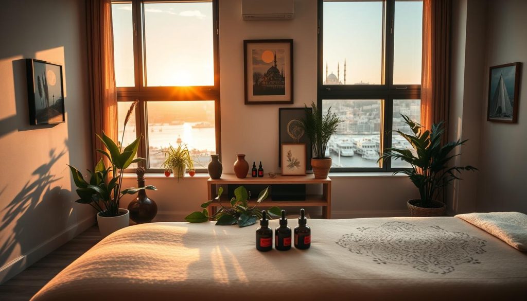 A serene Istanbul massage therapy room showcasing the transformation of traditional massage culture to modern holistic wellness. In the foreground, a beautifully arranged massage table with soft, neutral-colored linens and essential oils, surrounded by plants for a calming ambiance. The middle features contemporary decor with Turkish art accents, enhancing the blend of tradition and modernity. The background reveals large windows with views of Istanbul’s skyline at sunset, casting warm golden light into the room, emphasizing tranquility. Soft shadows play along the walls, enhancing the soothing atmosphere. The overall mood is one of peace and rejuvenation, reflecting the evolution of massage culture in Istanbul.