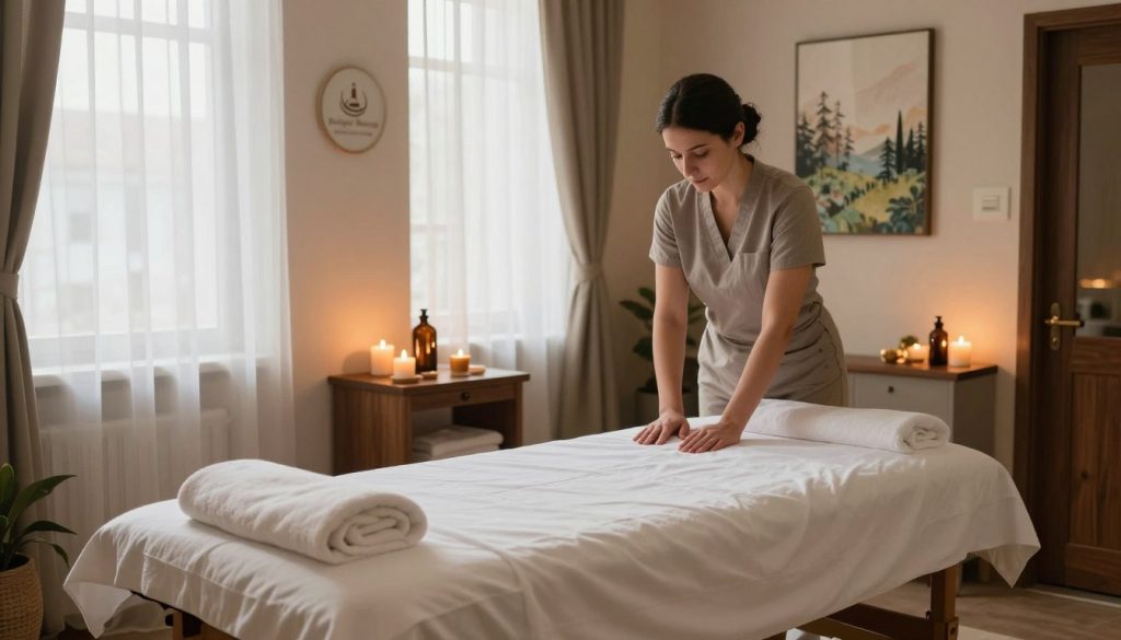 A serene Swedish massage session room in Istanbul, showcasing a tranquil atmosphere. In the foreground, a massage table draped with a crisp white sheet, accompanied by soft, plush towels. The middle ground features a professional massage therapist in modest casual clothing, attentively preparing the room, with soothing oil and aromatic candles arranged neatly. In the background, soft drapes accentuate the windows, allowing gentle natural light to filter in, creating a warm glow. The walls are adorned with calming nature-themed artwork, enhancing the peaceful vibe. The logo of "Butique Massage" subtly displayed on a small sign near the entrance. The overall mood is inviting, relaxed, and rejuvenating, ideal for a soothing massage experience. A serene Swedish massage session room in Istanbul, showcasing a tranquil atmosphere. In the foreground, a massage table draped with a crisp white sheet, accompanied by soft, plush towels. The middle ground features a professional massage therapist in modest casual clothing, attentively preparing the room, with soothing oil and aromatic candles arranged neatly. In the background, soft drapes accentuate the windows, allowing gentle natural light to filter in, creating a warm glow. The walls are adorned with calming nature-themed artwork, enhancing the peaceful vibe. The logo of "Butique Massage" subtly displayed on a small sign near the entrance. The overall mood is inviting, relaxed, and rejuvenating, ideal for a soothing massage experience.