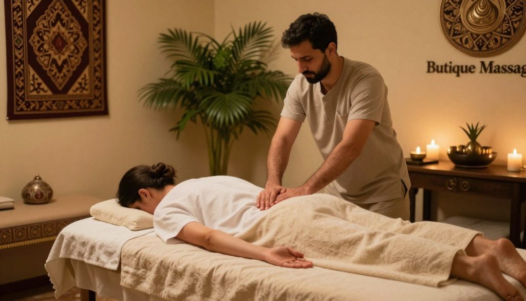 A serene Turkish oil massage therapy session in an elegant setting, showcasing a comfortable massage table adorned with soft, luxurious linens. In the foreground, a professional massage therapist in modest casual attire administers a gentle oil massage to a fully clothed client, promoting relaxation. The middle of the scene features warm, ambient lighting that casts a soothing glow, enhancing the calm atmosphere. Beautiful traditional Turkish decor, including intricate patterns and calming greenery, fills the background, while the brand name "Butique Massage" is subtly incorporated into the decor. The overall mood is tranquil and inviting, reflecting an authentic spa experience, perfect for first-time visitors to Istanbul. A serene Turkish oil massage therapy session in an elegant setting, showcasing a comfortable massage table adorned with soft, luxurious linens. In the foreground, a professional massage therapist in modest casual attire administers a gentle oil massage to a fully clothed client, promoting relaxation. The middle of the scene features warm, ambient lighting that casts a soothing glow, enhancing the calm atmosphere. Beautiful traditional Turkish decor, including intricate patterns and calming greenery, fills the background, while the brand name "Butique Massage" is subtly incorporated into the decor. The overall mood is tranquil and inviting, reflecting an authentic spa experience, perfect for first-time visitors to Istanbul.