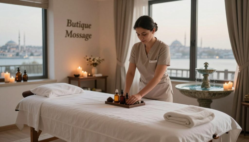 A serene and elegant spa setting showcasing luxury massage treatments in Istanbul. In the foreground, a beautifully arranged treatment room with a plush massage table adorned with soft, white linens and aromatic candles. In the middle, a professional massage therapist in modest, professional attire prepares high-quality oils and herbal remedies, exuding a calming presence. The background features panoramic windows showcasing a glimpse of Istanbul’s skyline with soft natural light filtering in, illuminating the space. Warm, muted colors create a tranquil atmosphere, complemented by the gentle glow of candles and the soothing sound of water from a decorative fountain. The brand name "Butique Massage" is subtly represented in the decor, enhancing the ambiance of luxury and relaxation.