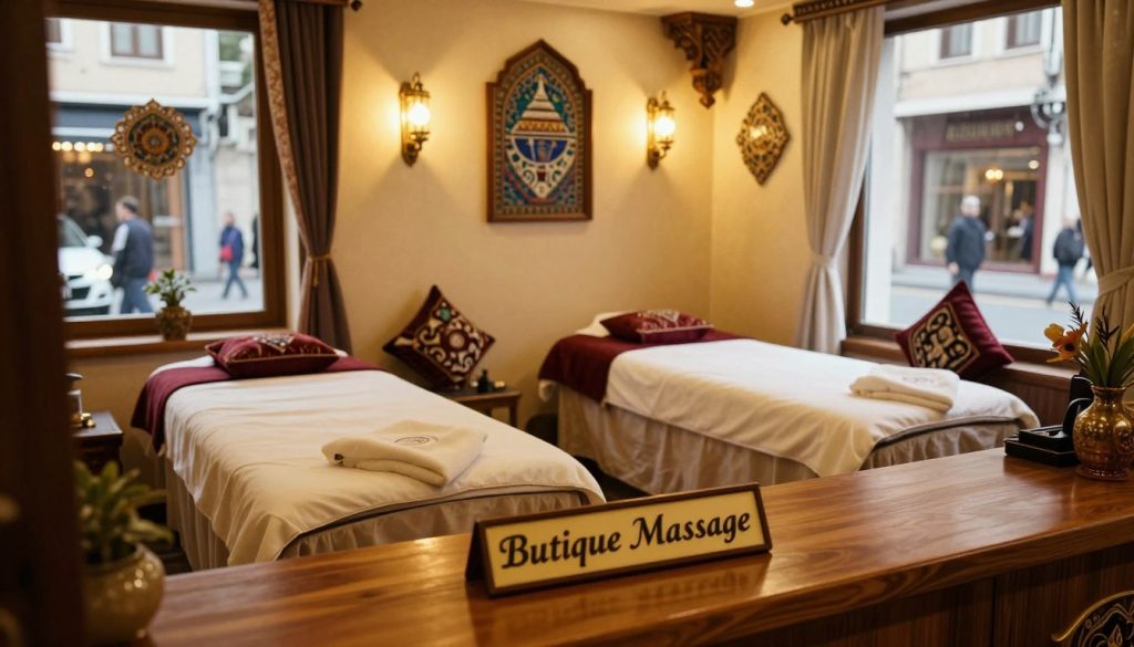 A serene and inviting Turkish massage parlor, showcasing the essence of tipping culture in Istanbul. In the foreground, a beautifully arranged reception area with a wooden desk featuring a stylish nameplate reading "Butique Massage". The middle section displays two massage rooms, softly lit with warm, ambient lighting, enhancing the tranquil atmosphere. Each room is adorned with traditional Turkish decor, such as intricate mosaics and plush cushions. In the background, a window reveals a glimpse of a bustling Istanbul street, with pedestrians casually passing by. Capture the scene from a slightly elevated angle, emphasizing the inviting ambiance of relaxation. The overall mood is calm and welcoming, ideal for illustrating the unique aspects of tipping culture in Turkish massage parlors.