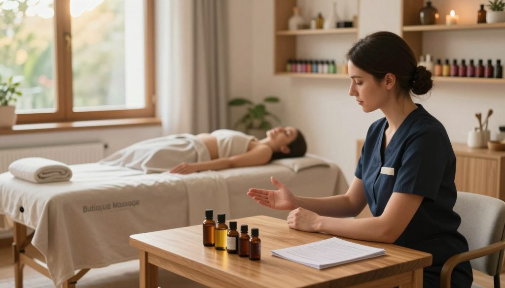 A serene and inviting consultation room for deep tissue massage at Butique Massage in Istanbul. In the foreground, a professional therapist in business attire sits at a wooden table, discussing treatment options with a client who is casually dressed, both looking engaged and relaxed. On the table, various massage oils and an informational booklet are neatly arranged. The middle ground features a cozy massage bed draped with soft linens, and shelves lined with colorful essential oils and relaxation tools. In the background, large windows allow soft, warm sunlight to filter in, creating a tranquil atmosphere with greenery visible outside. The image should convey a sense of professionalism and calm, illustrating the preparatory consultation phase before a deep tissue massage. Use a soft focus to enhance the inviting mood.