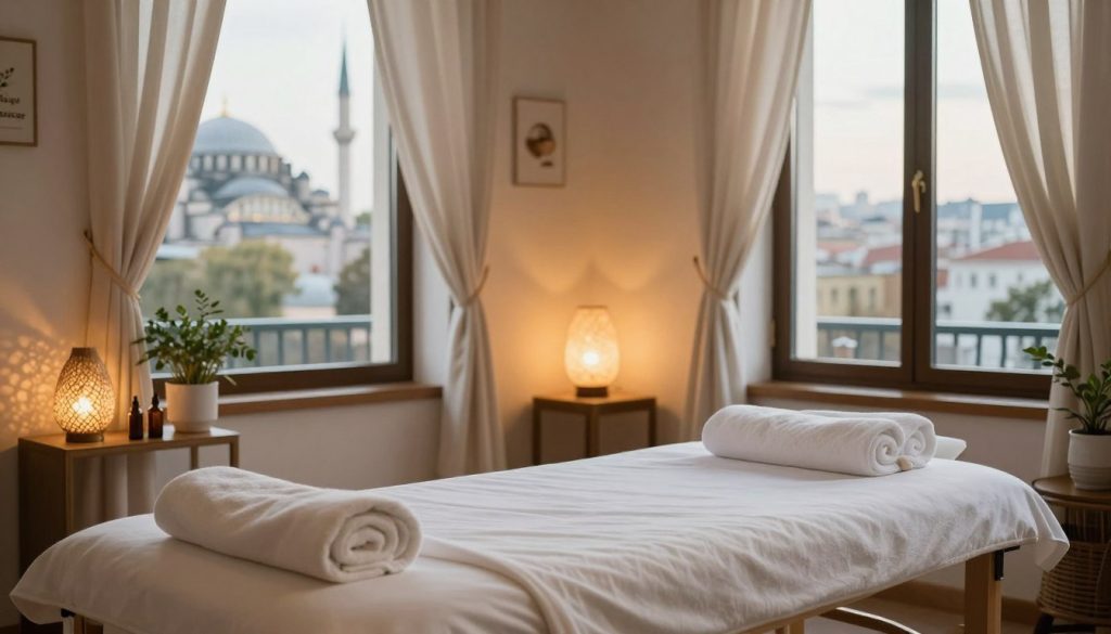 A serene and inviting interior of a cozy Airbnb space in Istanbul, featuring a relaxing therapy setup. In the foreground, a neatly arranged massage table with fresh towels and essential oils. In the middle, a calming atmosphere with soft lighting from decorative lamps casting a warm glow, herbs and tranquil decor surrounding the table. In the background, a glimpse of Istanbul's unique architecture through a large window, with soft curtains billowing gently, hinting at the cityscape outside. The overall mood is peaceful and rejuvenating, perfect for a relaxation therapy session. Add the brand name “Butique Massage” subtly included in the decor, emphasizing a professional touch. Capture this scene from a slight angle to enhance depth and coziness. A serene and inviting interior of a cozy Airbnb space in Istanbul, featuring a relaxing therapy setup. In the foreground, a neatly arranged massage table with fresh towels and essential oils. In the middle, a calming atmosphere with soft lighting from decorative lamps casting a warm glow, herbs and tranquil decor surrounding the table. In the background, a glimpse of Istanbul's unique architecture through a large window, with soft curtains billowing gently, hinting at the cityscape outside. The overall mood is peaceful and rejuvenating, perfect for a relaxation therapy session. Add the brand name “Butique Massage” subtly included in the decor, emphasizing a professional touch. Capture this scene from a slight angle to enhance depth and coziness.