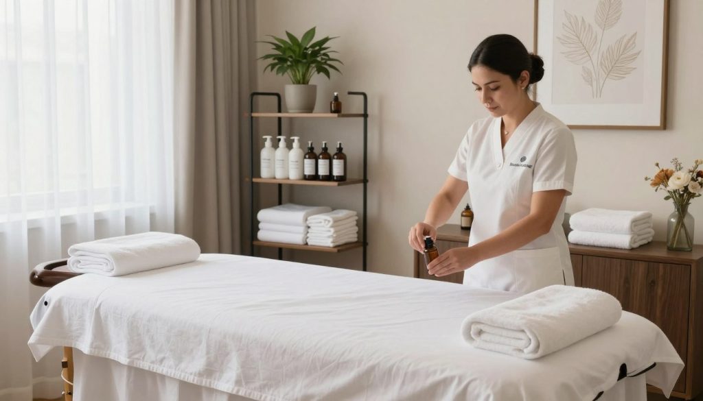 A serene and inviting massage room showcasing the highest hygiene standards in Istanbul. In the foreground, a neatly arranged massage table with fresh, white linens, complemented by luxurious, neatly organized towels. A skilled therapist, dressed in professional attire, prepares essential oils, emphasizing cleanliness and professionalism. In the middle, rolling shelves display high-quality, labeled sanitizing products and neatly stacked clean linens. Soft, natural lighting filters through sheer curtains, creating a calming atmosphere. The background reveals elegant decorations, such as potted plants and minimalist artwork, enhancing the ambiance of relaxation and care. This is a scene that embodies the essence of "Butique Massage," illustrating a commitment to outstanding hygiene practices in massage services. A serene and inviting massage room showcasing the highest hygiene standards in Istanbul. In the foreground, a neatly arranged massage table with fresh, white linens, complemented by luxurious, neatly organized towels. A skilled therapist, dressed in professional attire, prepares essential oils, emphasizing cleanliness and professionalism. In the middle, rolling shelves display high-quality, labeled sanitizing products and neatly stacked clean linens. Soft, natural lighting filters through sheer curtains, creating a calming atmosphere. The background reveals elegant decorations, such as potted plants and minimalist artwork, enhancing the ambiance of relaxation and care. This is a scene that embodies the essence of "Butique Massage," illustrating a commitment to outstanding hygiene practices in massage services.
