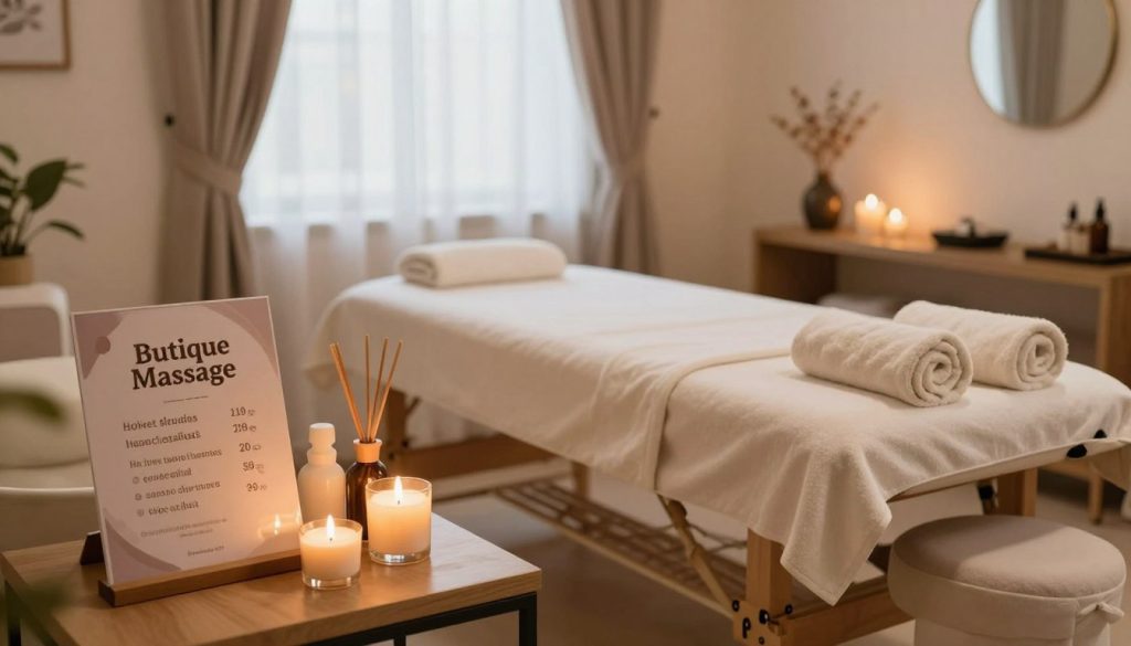 A serene and inviting massage studio in Istanbul, showcasing a beautifully arranged treatment room featuring soothing colors and calming decor. In the foreground, a tasteful promotional display from "Butique Massage" highlights seasonal pricing offers, with soft lighting creating a warm atmosphere. The middle ground includes a plush massage table adorned with rolled towels and spa essentials, while fragrant candles and essential oil diffusers set the mood. In the background, elegant window treatments allow soft, natural light to filter in, illuminating the space. The overall vibe is peaceful and rejuvenating, inviting viewers to explore affordable relaxation options during the seasonal promotions. The image captures the essence of wellness and tranquility, emphasizing the therapeutic experience in a professional and welcoming setting. A serene and inviting massage studio in Istanbul, showcasing a beautifully arranged treatment room featuring soothing colors and calming decor. In the foreground, a tasteful promotional display from "Butique Massage" highlights seasonal pricing offers, with soft lighting creating a warm atmosphere. The middle ground includes a plush massage table adorned with rolled towels and spa essentials, while fragrant candles and essential oil diffusers set the mood. In the background, elegant window treatments allow soft, natural light to filter in, illuminating the space. The overall vibe is peaceful and rejuvenating, inviting viewers to explore affordable relaxation options during the seasonal promotions. The image captures the essence of wellness and tranquility, emphasizing the therapeutic experience in a professional and welcoming setting.