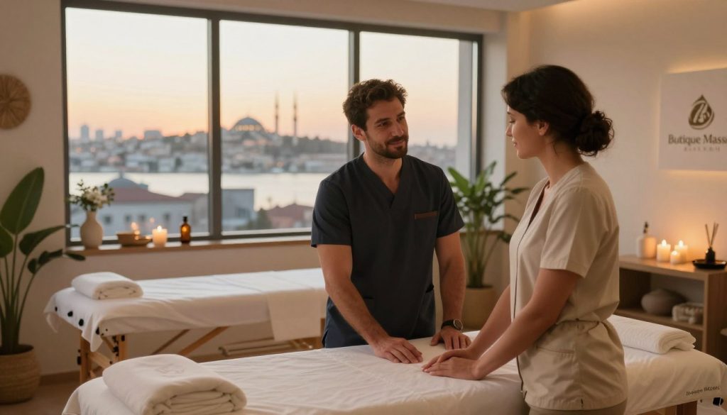 A serene and inviting massage therapy room featuring qualified massage professionals in Istanbul. In the foreground, two professionals—one male and one female—are engaging in a consultation, both dressed in professional business attire, exuding confidence and friendliness. The middle ground showcases a massage table with aromatic oils and calming decor elements such as candles and plants, highlighting a soothing atmosphere. In the background, large windows reveal a glimpse of Istanbul’s skyline, bathed in warm, golden evening light. The image depicts a tranquil and professional setting, emphasizing the quality of care offered by "Butique Massage". Aim for a soft focus to enhance the calming vibe, using a lens that captures the warmth and detail of the environment. A serene and inviting massage therapy room featuring qualified massage professionals in Istanbul. In the foreground, two professionals—one male and one female—are engaging in a consultation, both dressed in professional business attire, exuding confidence and friendliness. The middle ground showcases a massage table with aromatic oils and calming decor elements such as candles and plants, highlighting a soothing atmosphere. In the background, large windows reveal a glimpse of Istanbul’s skyline, bathed in warm, golden evening light. The image depicts a tranquil and professional setting, emphasizing the quality of care offered by "Butique Massage". Aim for a soft focus to enhance the calming vibe, using a lens that captures the warmth and detail of the environment.