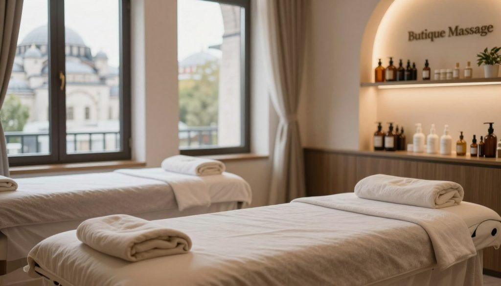 A serene and inviting massage therapy room in Istanbul, elegantly designed with soft lighting that creates a calming atmosphere. The foreground features a cozy massage table adorned with plush, neutral-toned linens. In the middle, a well-organized shelf displays various massage oils and aromatherapy products, promoting a sense of relaxation and luxury. In the background, large windows let in natural light, showcasing a view of historic Istanbul architecture, with hints of greenery peeking through. A tasteful sign reading "Butique Massage" is subtly integrated into the decor. The composition is captured with a warm, soft focus, emphasizing the tranquility of the space. The overall mood is peaceful and budget-friendly, perfectly reflecting the essence of finding an affordable yet quality massage experience in Istanbul.