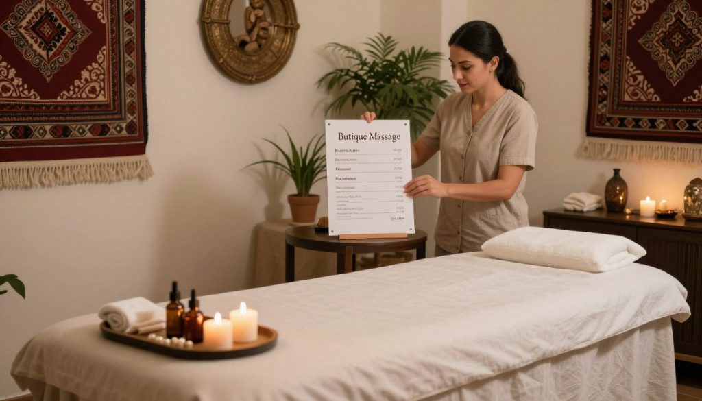 A serene and inviting massage therapy setting in Istanbul, featuring a beautifully arranged treatment room. In the foreground, a stylish massage table with soft, neutral linens is set with aromatic oils and soothing candles, evidencing a calming ambiance. In the middle ground, a professional therapist, dressed in modest casual attire, is preparing a pricing board display highlighting various massage packages and their prices, designed with elegant typography. The background showcases traditional Turkish decor, including handwoven textiles and potted plants, adding cultural richness. Soft, warm lighting bathes the room, creating a tranquil atmosphere perfect for relaxation. The image subtly incorporates the brand name "Butique Massage" within the design of the pricing board, ensuring it complements the overall aesthetic without distracting from the tranquil setting. A serene and inviting massage therapy setting in Istanbul, featuring a beautifully arranged treatment room. In the foreground, a stylish massage table with soft, neutral linens is set with aromatic oils and soothing candles, evidencing a calming ambiance. In the middle ground, a professional therapist, dressed in modest casual attire, is preparing a pricing board display highlighting various massage packages and their prices, designed with elegant typography. The background showcases traditional Turkish decor, including handwoven textiles and potted plants, adding cultural richness. Soft, warm lighting bathes the room, creating a tranquil atmosphere perfect for relaxation. The image subtly incorporates the brand name "Butique Massage" within the design of the pricing board, ensuring it complements the overall aesthetic without distracting from the tranquil setting.