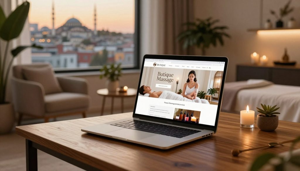 A serene and inviting scene depicting a professional massage appointment booking in Istanbul. In the foreground, a sleek laptop sits on a polished wooden desk, with the "Butique Massage" website open on the screen, showcasing elegant spa visuals. Soft, ambient lighting highlights the desk, creating a calming atmosphere. In the middle ground, a stylishly arranged living space features a plush armchair and potted plants, enhancing the feeling of tranquility. In the background, a window reveals a glimpse of Istanbul’s iconic skyline at dusk, with warm golden hues illuminating the city. The overall mood is peaceful and welcoming, encouraging viewers to embrace self-care and relaxation.