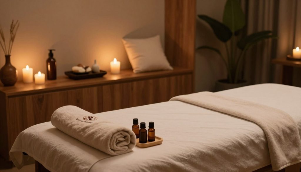 A serene and inviting spa room set for a 90-minute massage preparation, showcasing luxurious elements. In the foreground, a comfortable massage table draped with soft towels and essential oils displayed nearby. The middle ground features elegant decor with warm wood accents, plush cushions, and candles flickering softly, creating a tranquil atmosphere. In the background, dimmed ambient lighting casts a soothing glow, enhancing the relaxing vibe. A subtle hint of lush greenery peeks in, adding a natural touch. The atmosphere is calm and welcoming, embodying relaxation and comfort, with no people present. The logo "Butique Massage" is subtly integrated into one of the decor elements, emphasizing professionalism and quality in the spa experience.