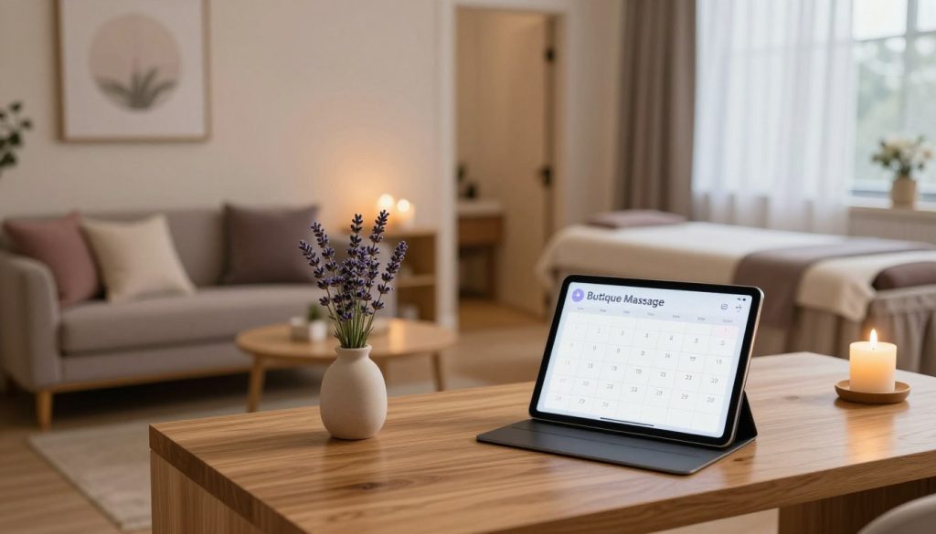 A serene and organized spa scheduling area for a massage clinic named "Butique Massage". In the foreground, a neatly arranged wooden desk features a modern scheduling system with a digital calendar displayed on a tablet, alongside a small, elegant vase of fresh lavender. The middle ground showcases a cozy waiting area with plush seating and relaxing decor, including softly lit candles and soothing artwork on the walls. In the background, a massage room door is partially open, hinting at a tranquil interior with muted colors and natural light filtering through sheer curtains. The atmosphere is calm and inviting, evoking a sense of tranquility amidst a busy day. The lighting is warm and soft, creating a peaceful and professional environment, captured from a slight overhead angle to emphasize the structured layout of the scheduling space. A serene and organized spa scheduling area for a massage clinic named "Butique Massage". In the foreground, a neatly arranged wooden desk features a modern scheduling system with a digital calendar displayed on a tablet, alongside a small, elegant vase of fresh lavender. The middle ground showcases a cozy waiting area with plush seating and relaxing decor, including softly lit candles and soothing artwork on the walls. In the background, a massage room door is partially open, hinting at a tranquil interior with muted colors and natural light filtering through sheer curtains. The atmosphere is calm and inviting, evoking a sense of tranquility amidst a busy day. The lighting is warm and soft, creating a peaceful and professional environment, captured from a slight overhead angle to emphasize the structured layout of the scheduling space.