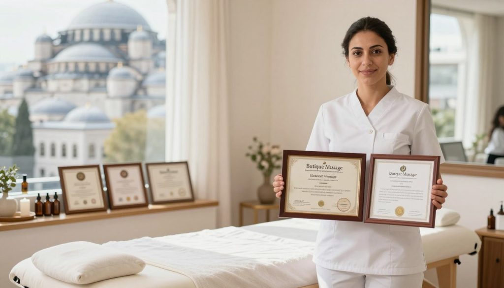 A serene and professional setting showcasing a certified massage therapist in Istanbul, Turkey, presenting their credentials. In the foreground, a therapist wearing a crisp, white uniform stands confidently beside a display of framed certificates and licenses with the brand name “Butique Massage” prominently featured. The middle ground includes a well-lit massage table, neatly arranged aromatherapy oils, and soft linens, suggesting a calm environment. The background captures the essence of Istanbul, with subtle hints of traditional architecture visible through a window, bathed in warm, natural light. The mood is inviting and professional, evoking trust and safety, with a focus on the importance of verified credentials in choosing a massage service. The image should be bright, clear, and welcoming, capturing the essence of a reputable massage practice.