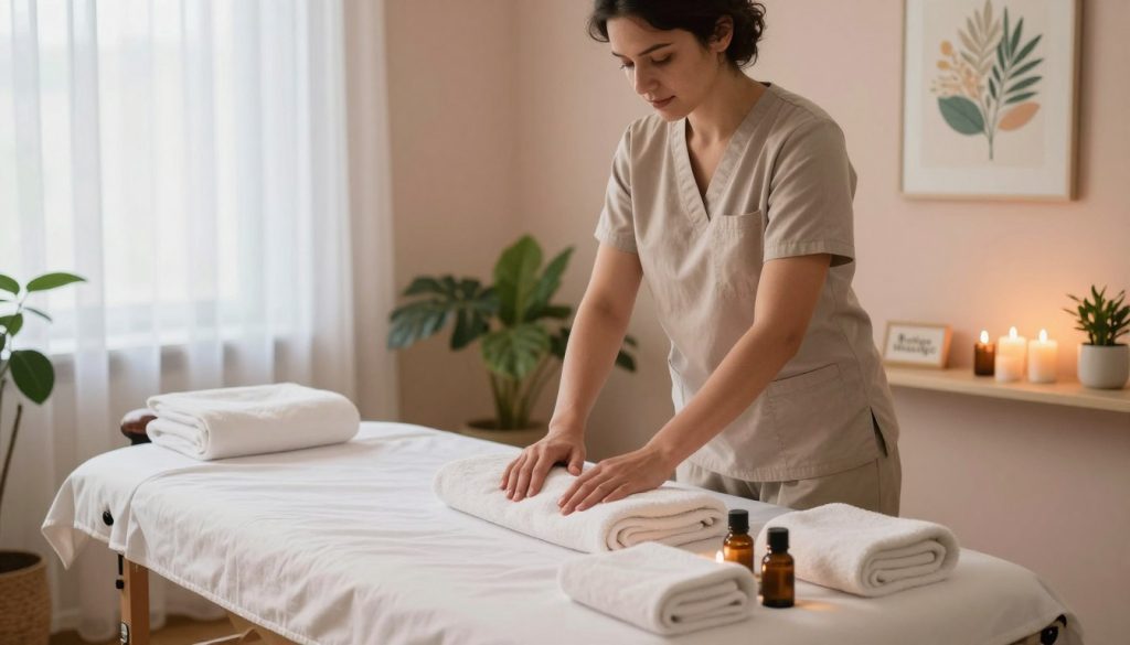 A serene at-home therapeutic massage setting in Istanbul, showcasing a professional therapist preparing a treatment space. In the foreground, the therapist, dressed in modest casual clothing, is arranging soft towels and aromatherapy oils on a clean, beautiful massage table, surrounded by natural greenery. In the middle, softly lit candles create a warm ambiance, and gentle light filters through sheer curtains, enhancing the tranquil atmosphere. The background features soothing pastel colors on the walls, decorated with calming artwork that reflects the essence of relaxation. The overall mood is peaceful and inviting, ideal for a restorative experience. Include the brand name “Butique Massage” subtly on a shelf in the background to represent professionalism and quality.